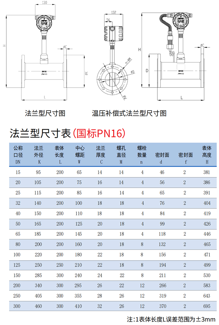 貿(mào)易結(jié)算渦街流量計法蘭式尺寸圖