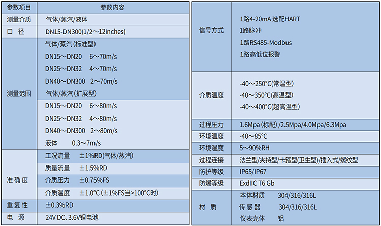 分體式蒸汽流量計(jì)技術(shù)參數(shù)表